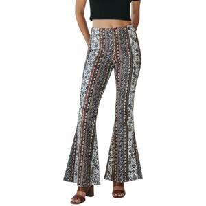 Bear Dance Bell Bottom Flare Leg Pants Brown White Floral Boho Womens S